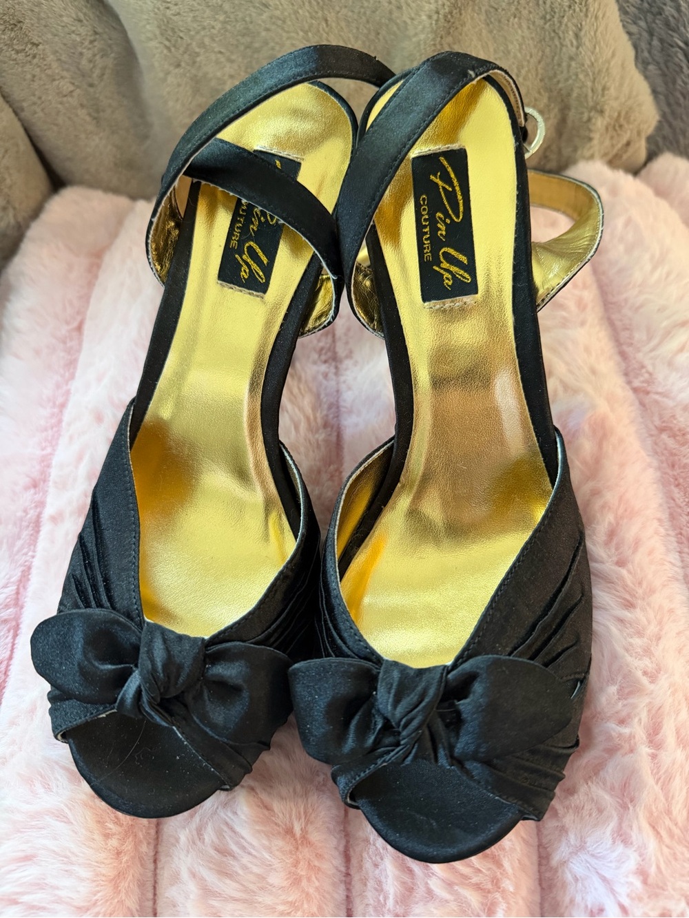 Pin Up Couture Black Satin Peep-Toe Heels with Front Bow and Ankle Strap